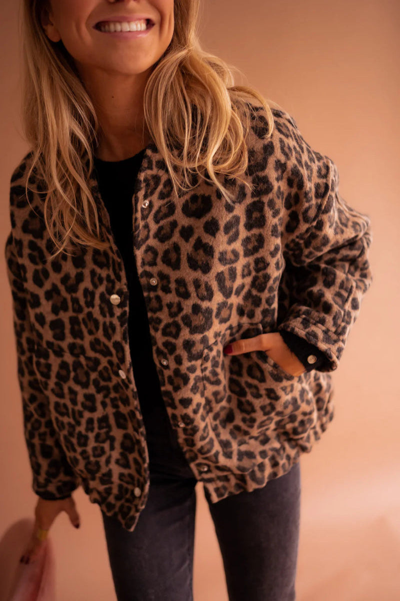 Leopard Collared Leopard Print Button-Front Wool Bomber Jacket 2