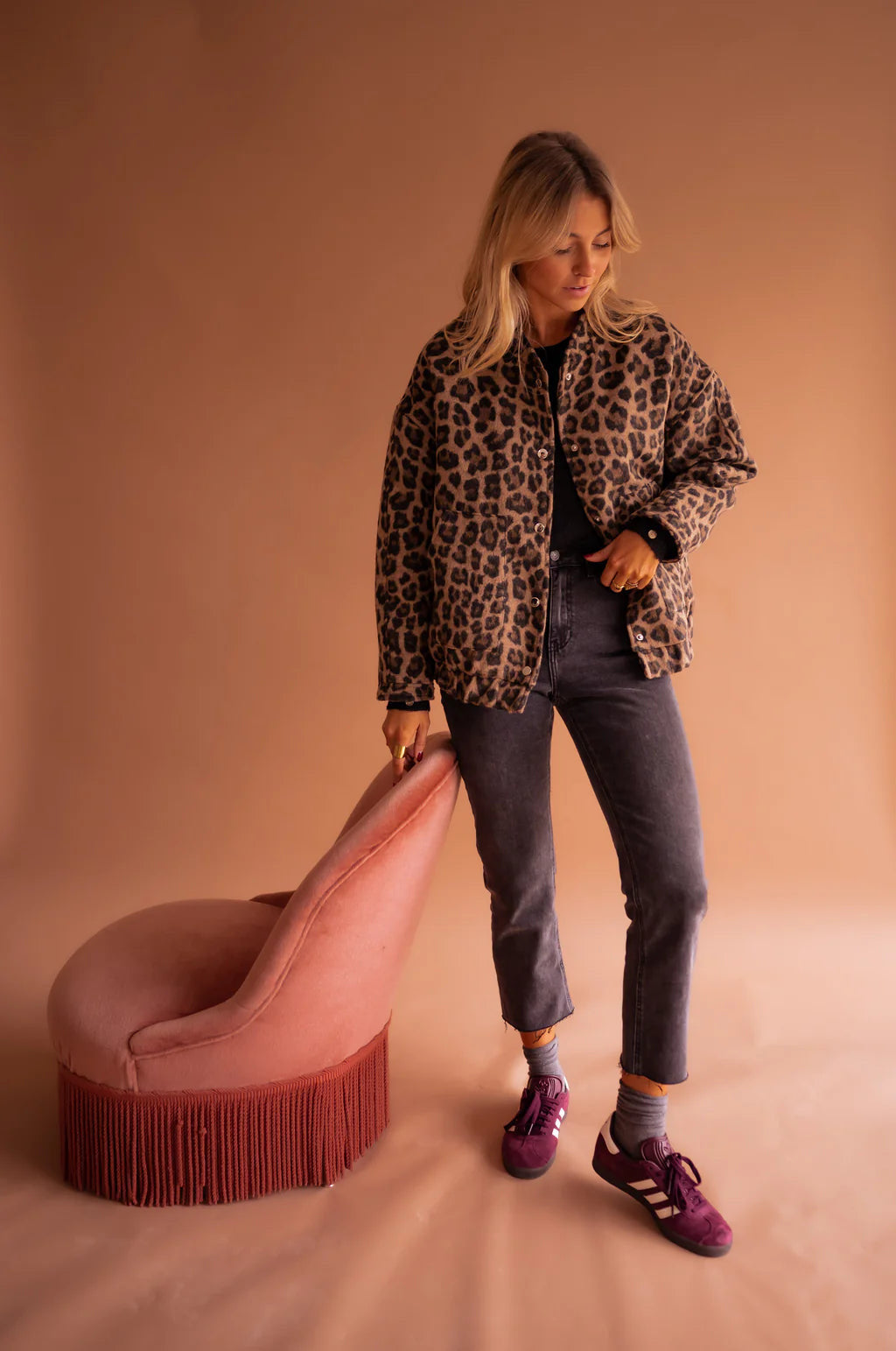 Leopard Collared Leopard Print Button-Front Wool Bomber Jacket 4