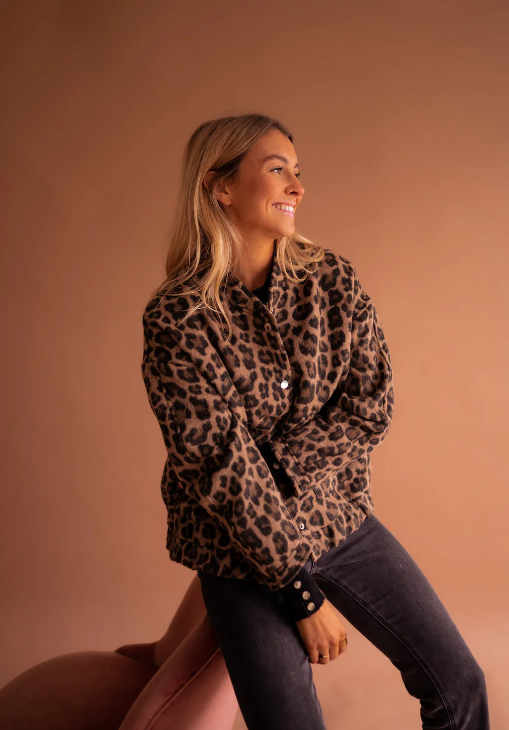 Leopard Collared Leopard Print Button-Front Wool Bomber Jacket
