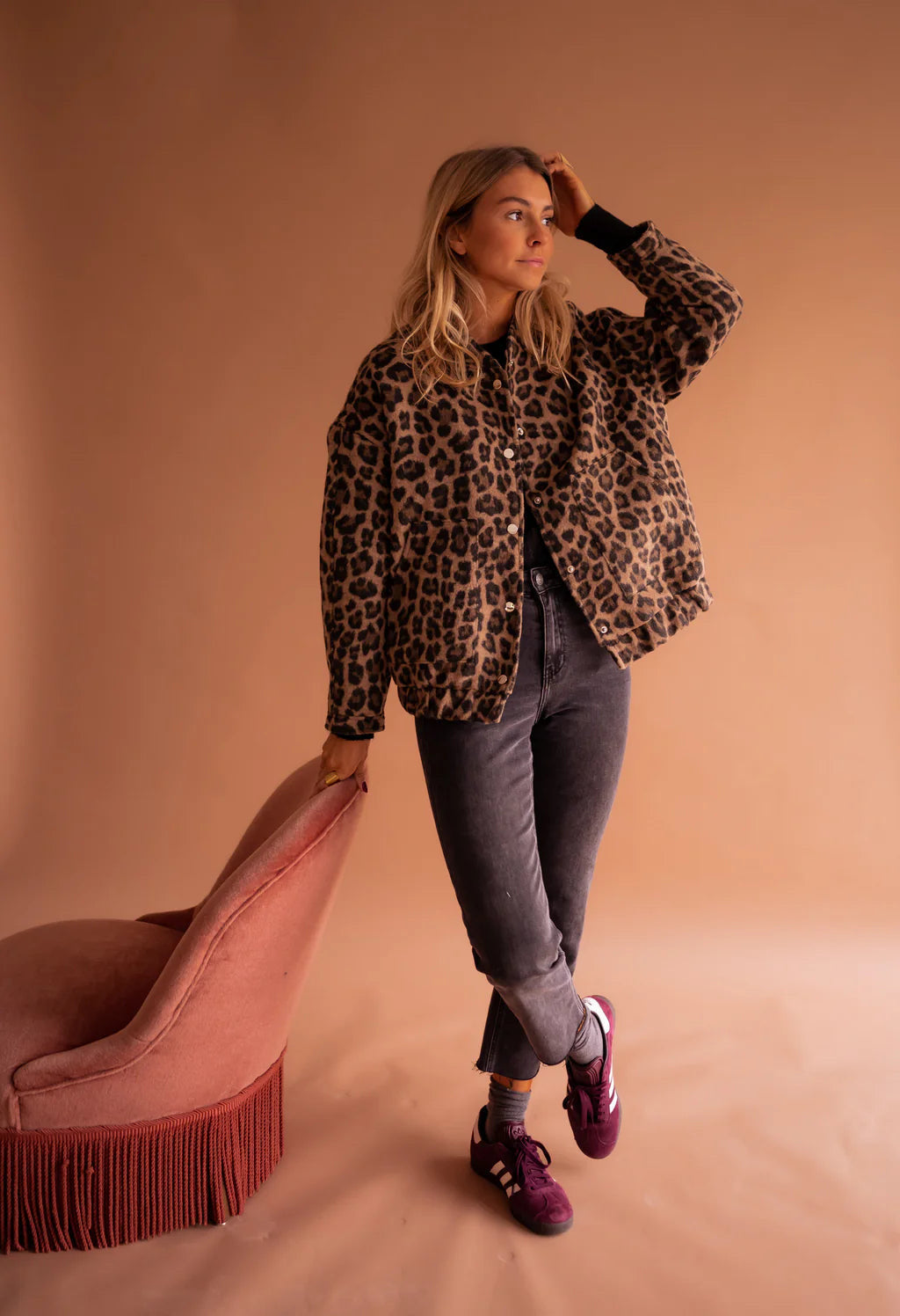 Leopard Collared Leopard Print Button-Front Wool Bomber Jacket 3