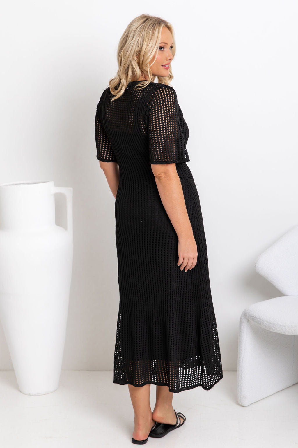Round Neck Open Knit Crochet Short Sleeve Column Maxi Dress 15