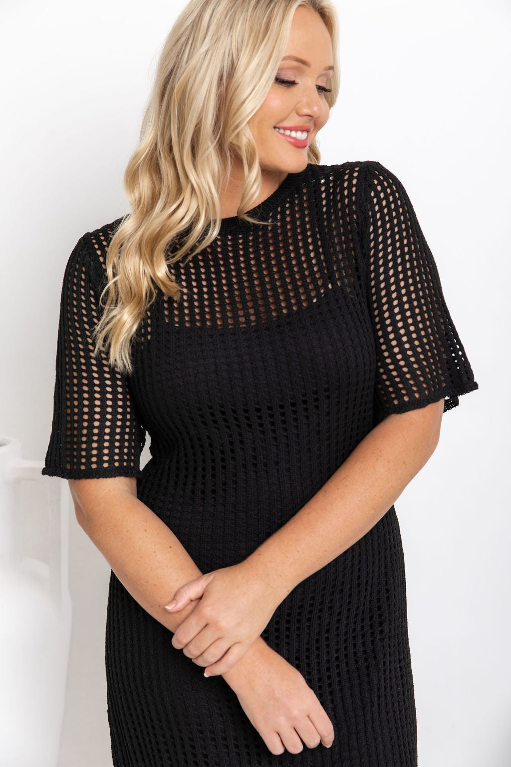 Round Neck Open Knit Crochet Short Sleeve Column Maxi Dress 13
