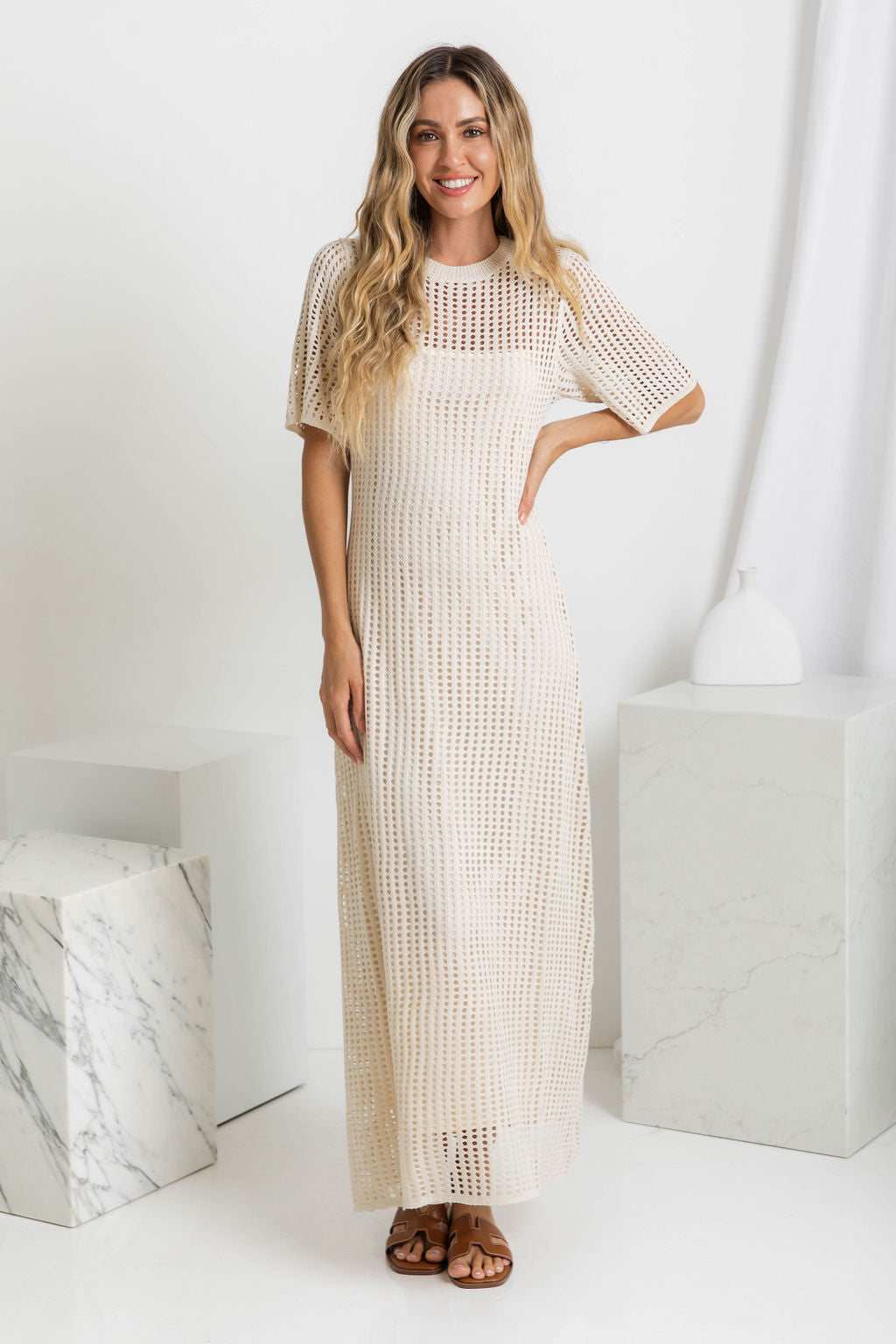 Round Neck Open Knit Crochet Short Sleeve Column Maxi Dress 6