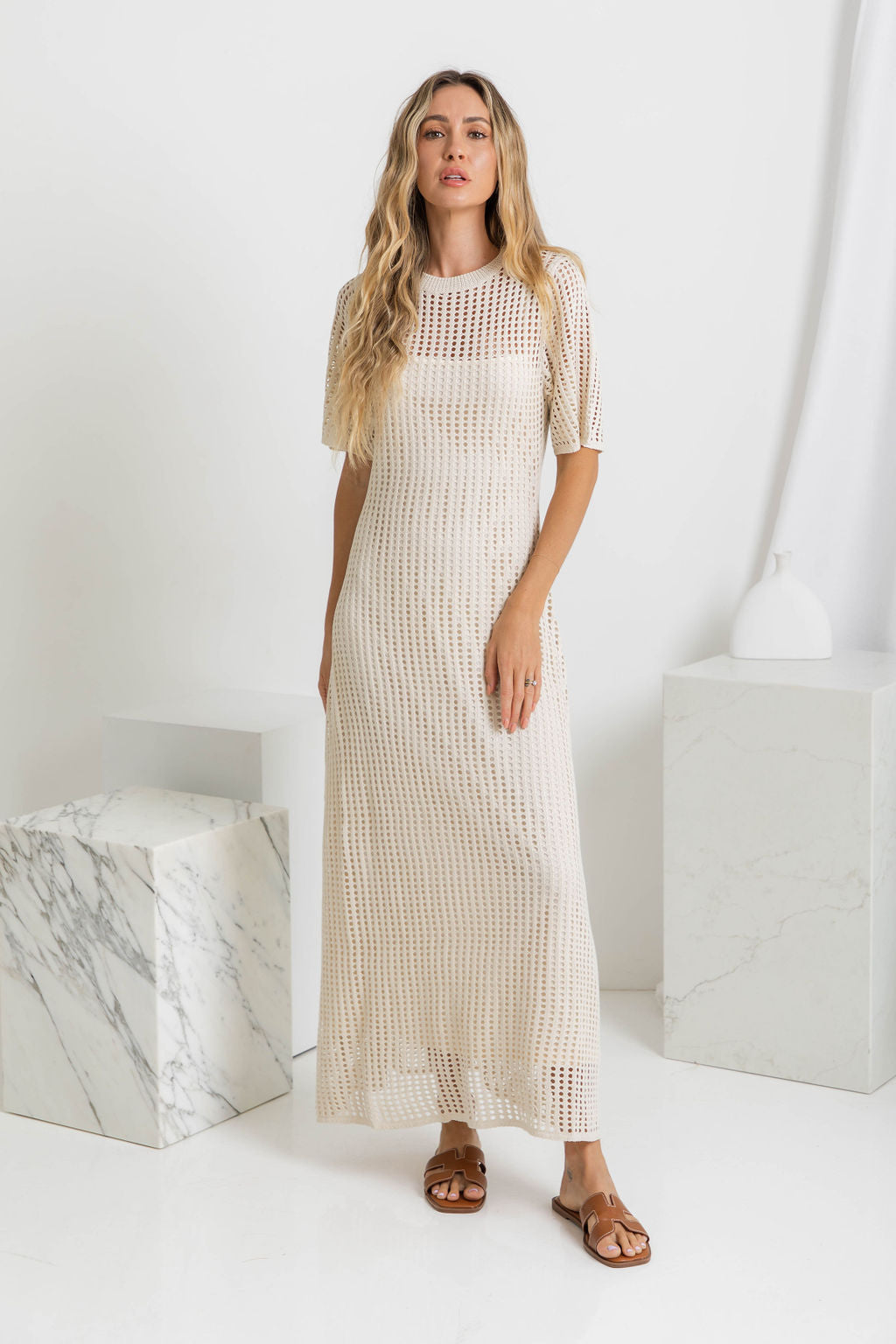 Round Neck Open Knit Crochet Short Sleeve Column Maxi Dress
