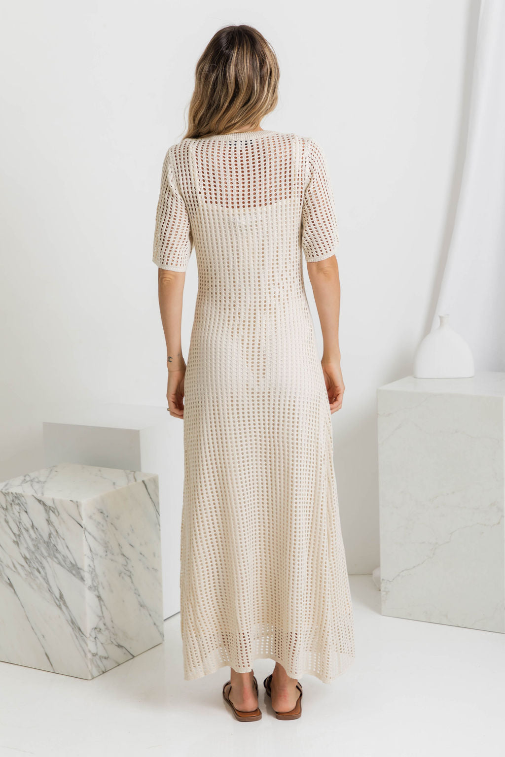 Round Neck Open Knit Crochet Short Sleeve Column Maxi Dress 5