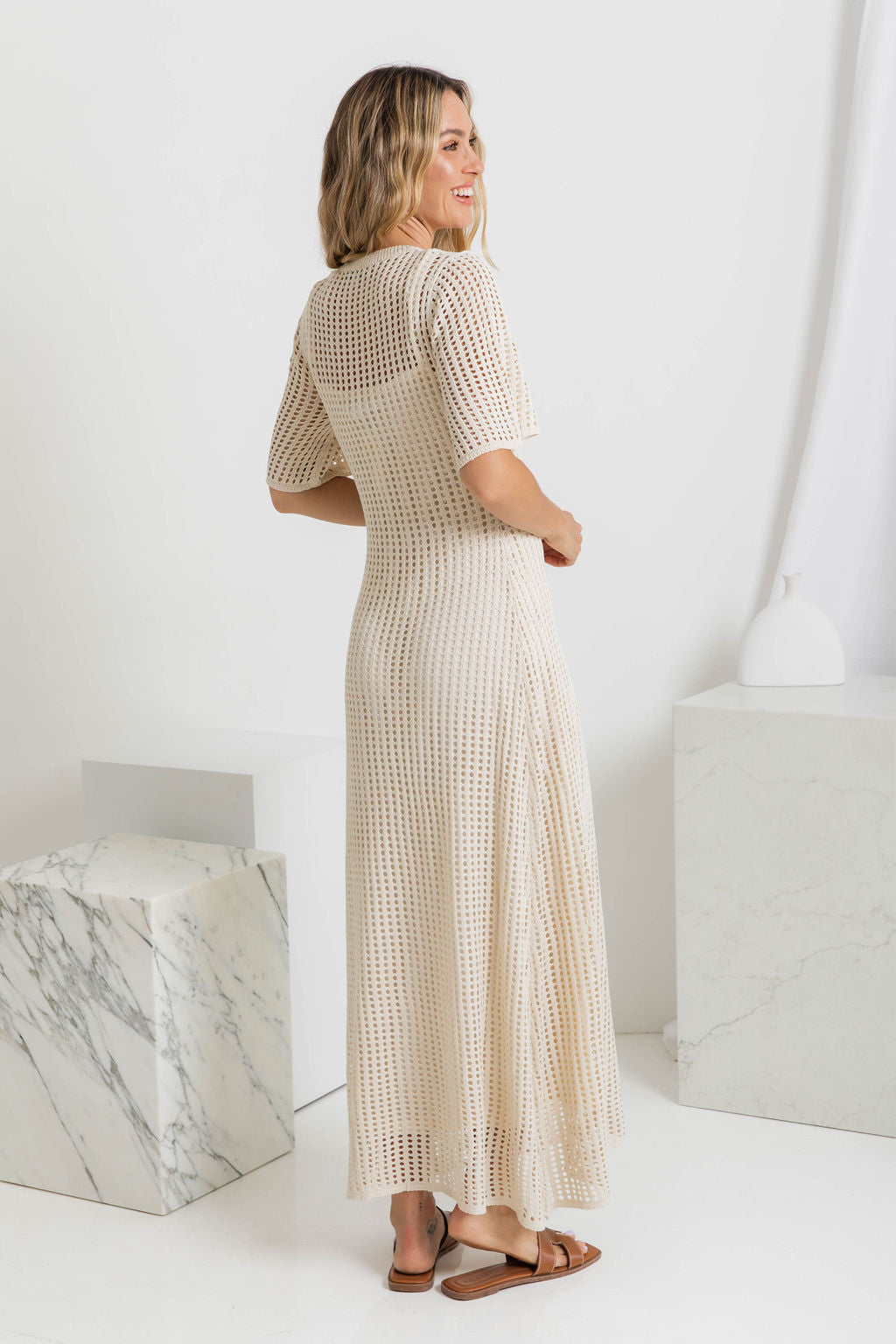 Round Neck Open Knit Crochet Short Sleeve Column Maxi Dress 2