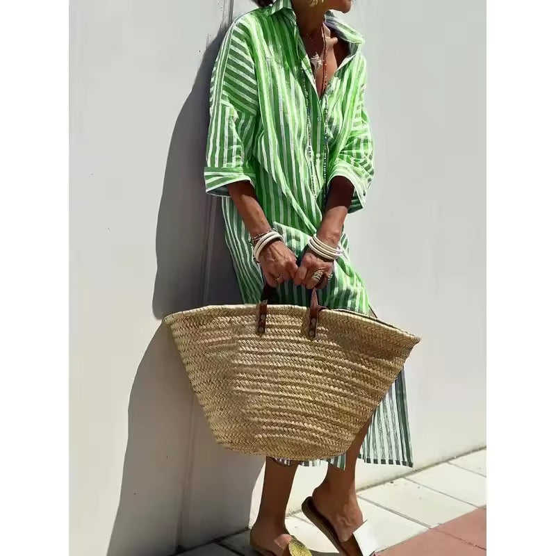 Collared Striped Long Sleeve Button Front Shift Maxi Shirt Dress 4