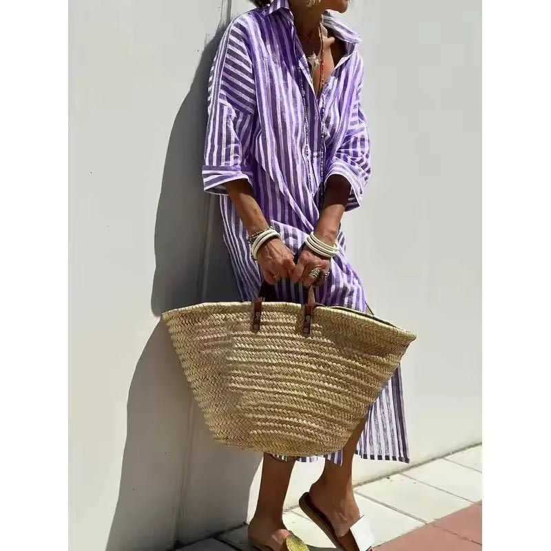 Collared Striped Long Sleeve Button Front Shift Maxi Shirt Dress 6