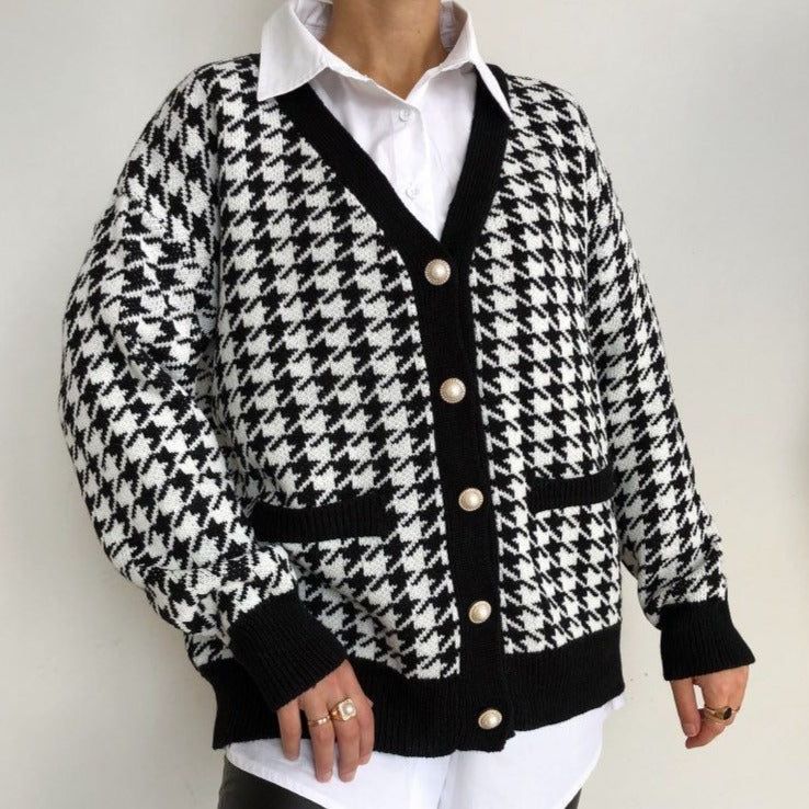 Black V-Neck Houndstooth Pearl Button Knit Cardigan 3