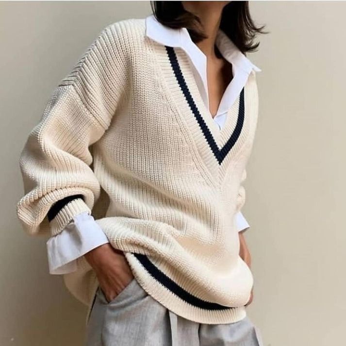 V-Neck Contrast Stripe Ribbed Knit Oversized Sweater 8