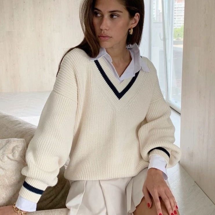V-Neck Contrast Stripe Ribbed Knit Oversized Sweater 7