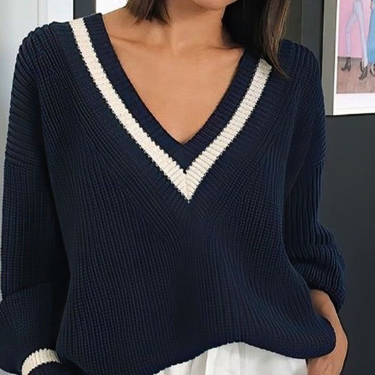 V-Neck Contrast Stripe Ribbed Knit Oversized Sweater 4