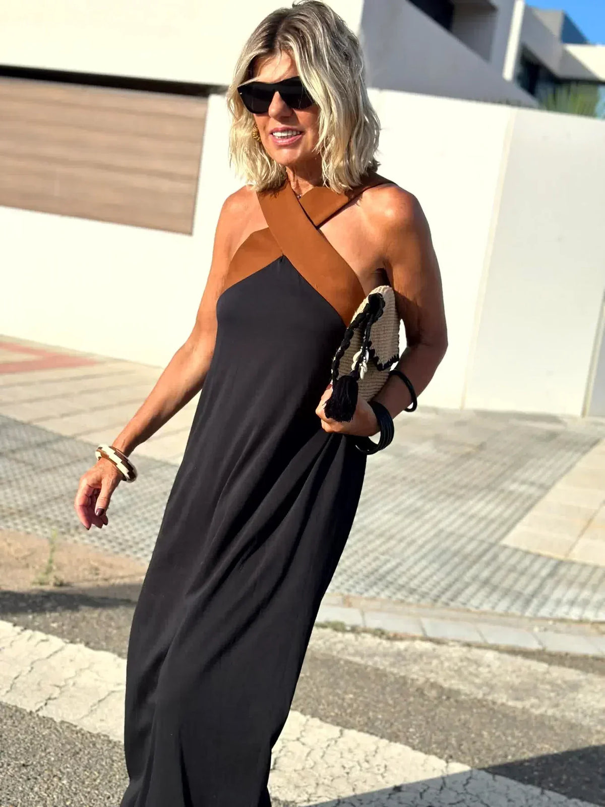 Cross Halter Neck Color Block Sleeveless A-Line Maxi Dress 7