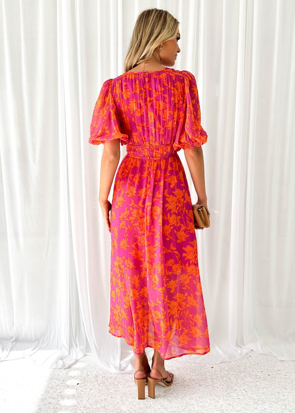 Pink Orange Deep V-Neck Puff Sleeve Floral Print Smocked Waist Maxi Dress