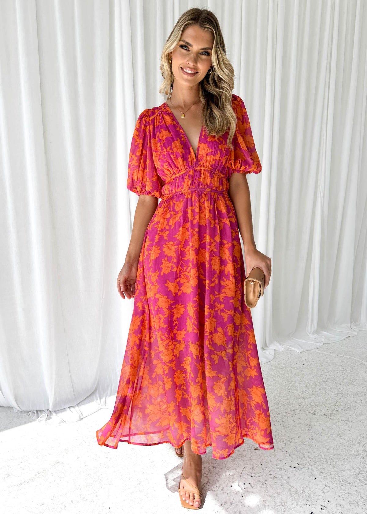 Pink Orange Deep V-Neck Puff Sleeve Floral Print Smocked Waist Maxi Dress