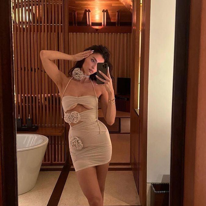 Khaki Strapless Rose Applique Ruched Cutout Bodycon Mini Dress