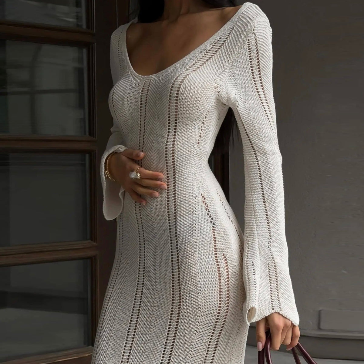 Scoop Neck Pointelle Knit Flared Sleeve Bodycon Maxi Dress