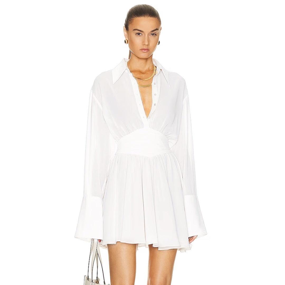 White Collared V-Neck Sheer Long Sleeve Ruched Waist Shirt Mini Dress