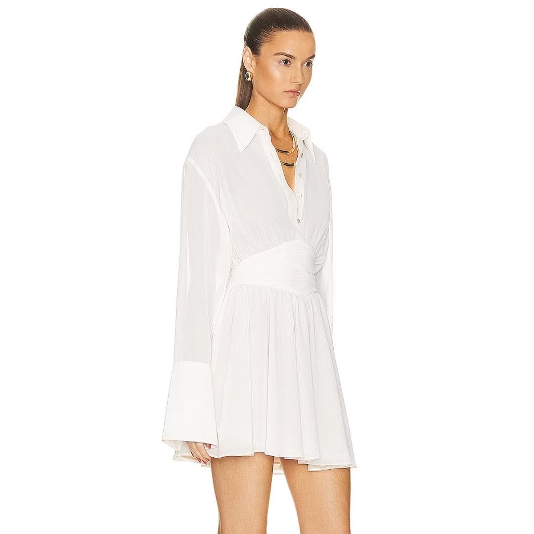 White Collared V-Neck Sheer Long Sleeve Ruched Waist Shirt Mini Dress