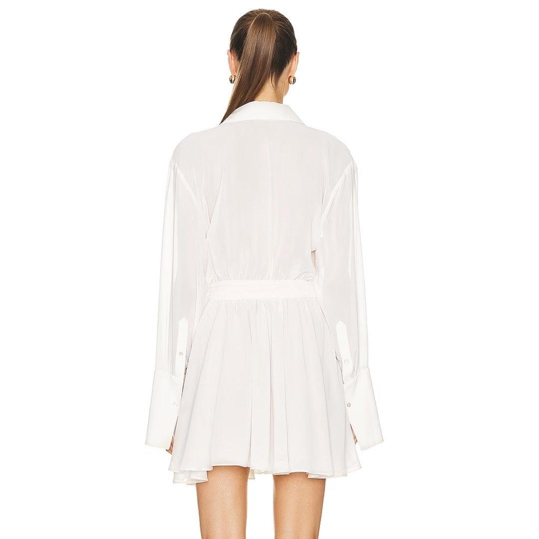 White Collared V-Neck Sheer Long Sleeve Ruched Waist Shirt Mini Dress