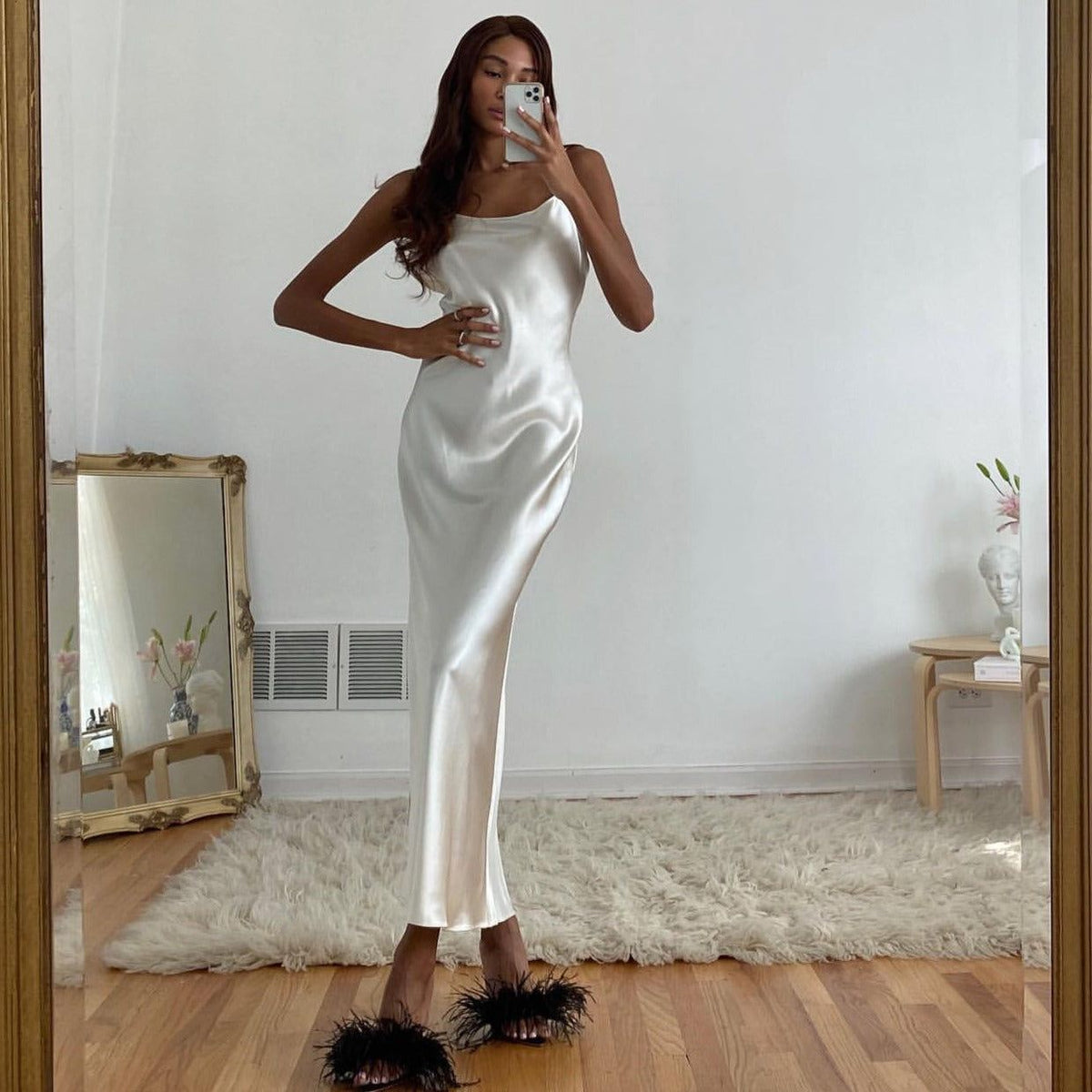 Cowl Neck Spaghetti Strap Metallic Satin Bodycon Maxi Dress 6