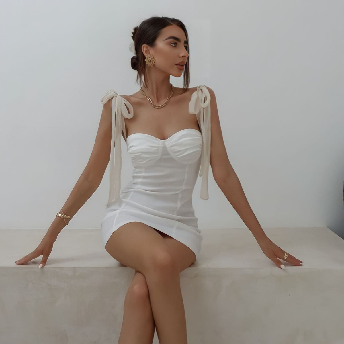 White Tie Strap Sweetheart Corset Ruched Bodycon Mini Dress