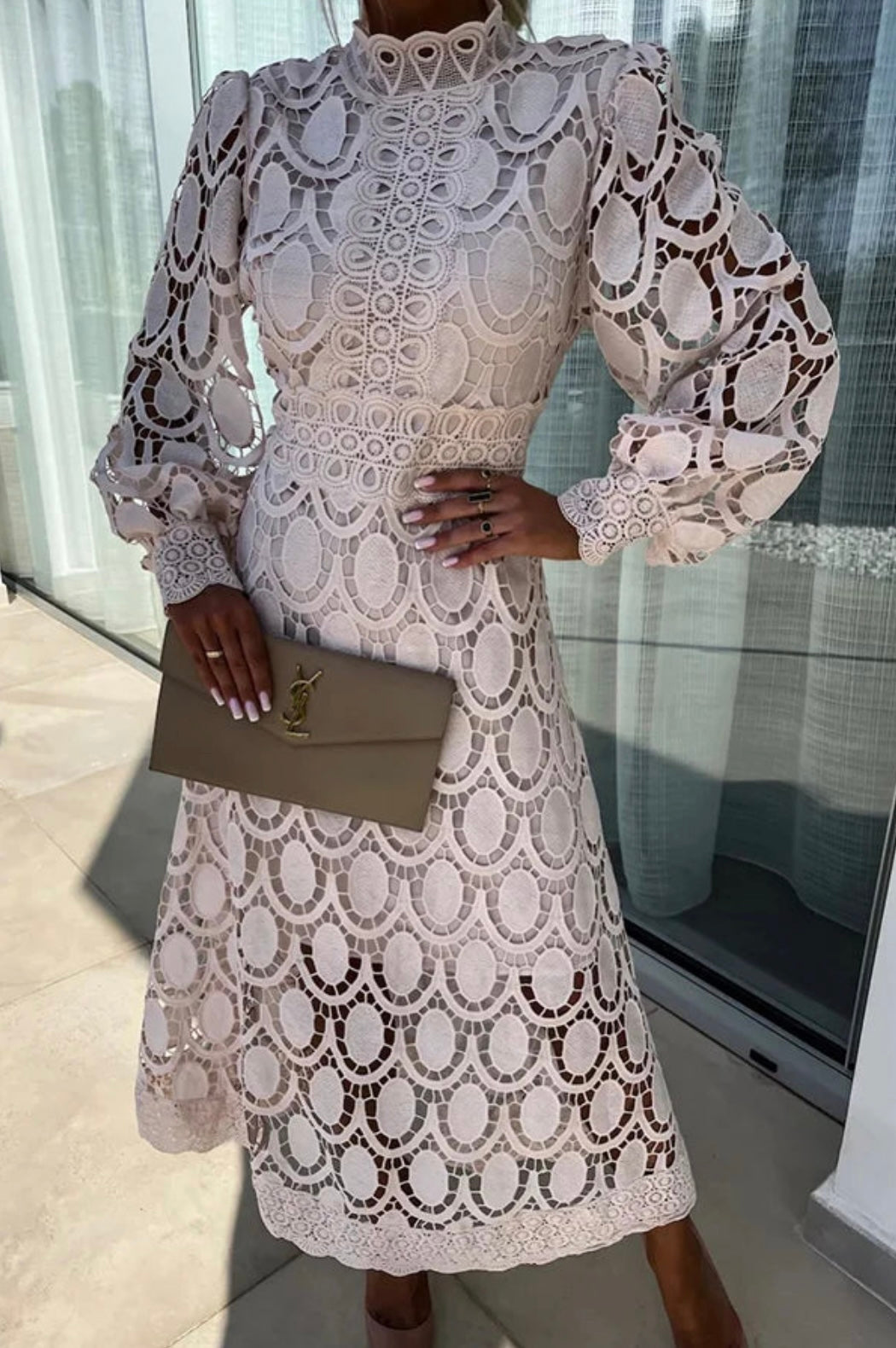 High Neck Crochet Lace Long Sleeve A-Line Midi Dress