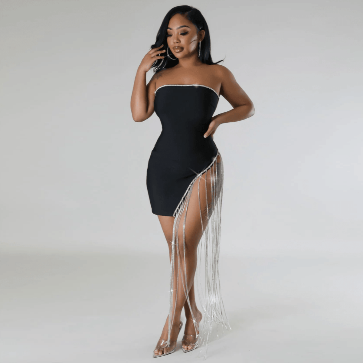 Black Strapless Rhinestone Tassel Fringe Asymmetric Bodycon Mini Dress