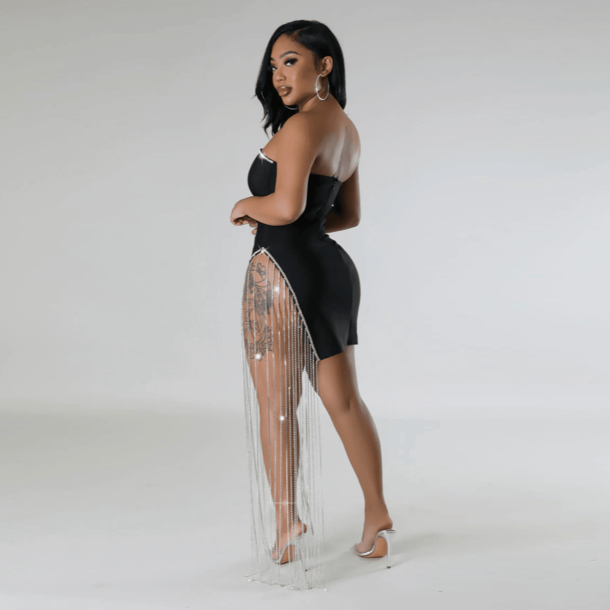 Black Strapless Rhinestone Tassel Fringe Asymmetric Bodycon Mini Dress