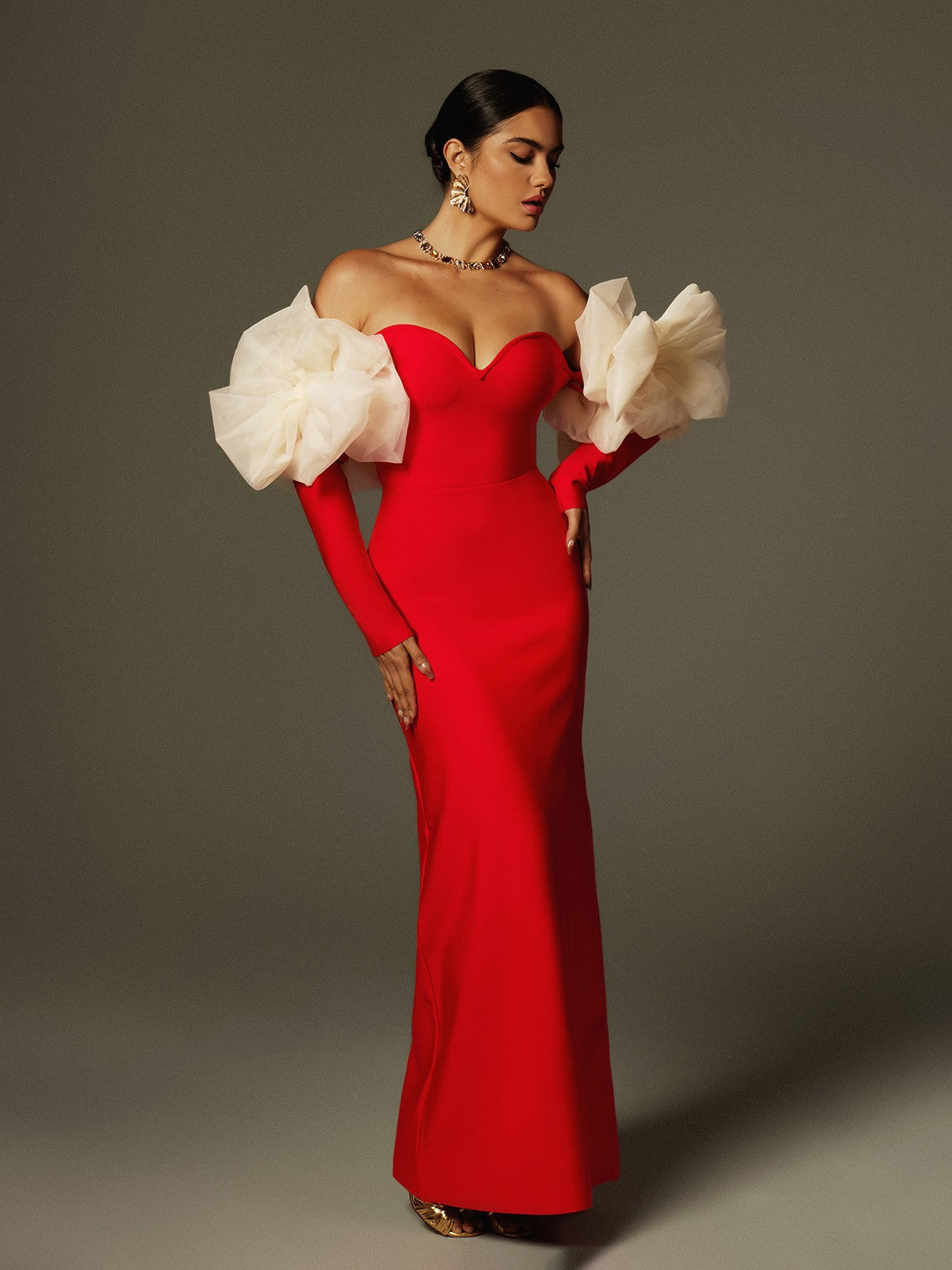 Off Shoulder Flower Bandage Maxi Dress In Red