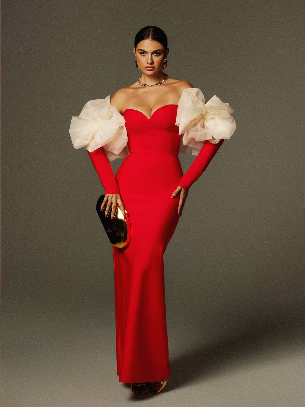 Off Shoulder Flower Bandage Maxi Dress In Red
