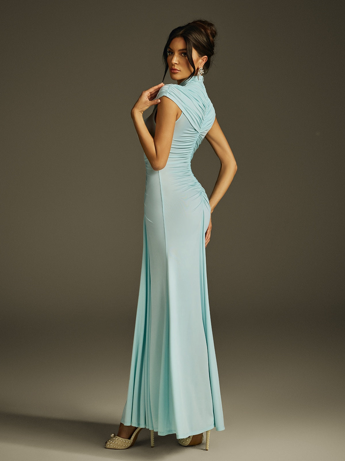 High Neck Ruched Maxi Dress