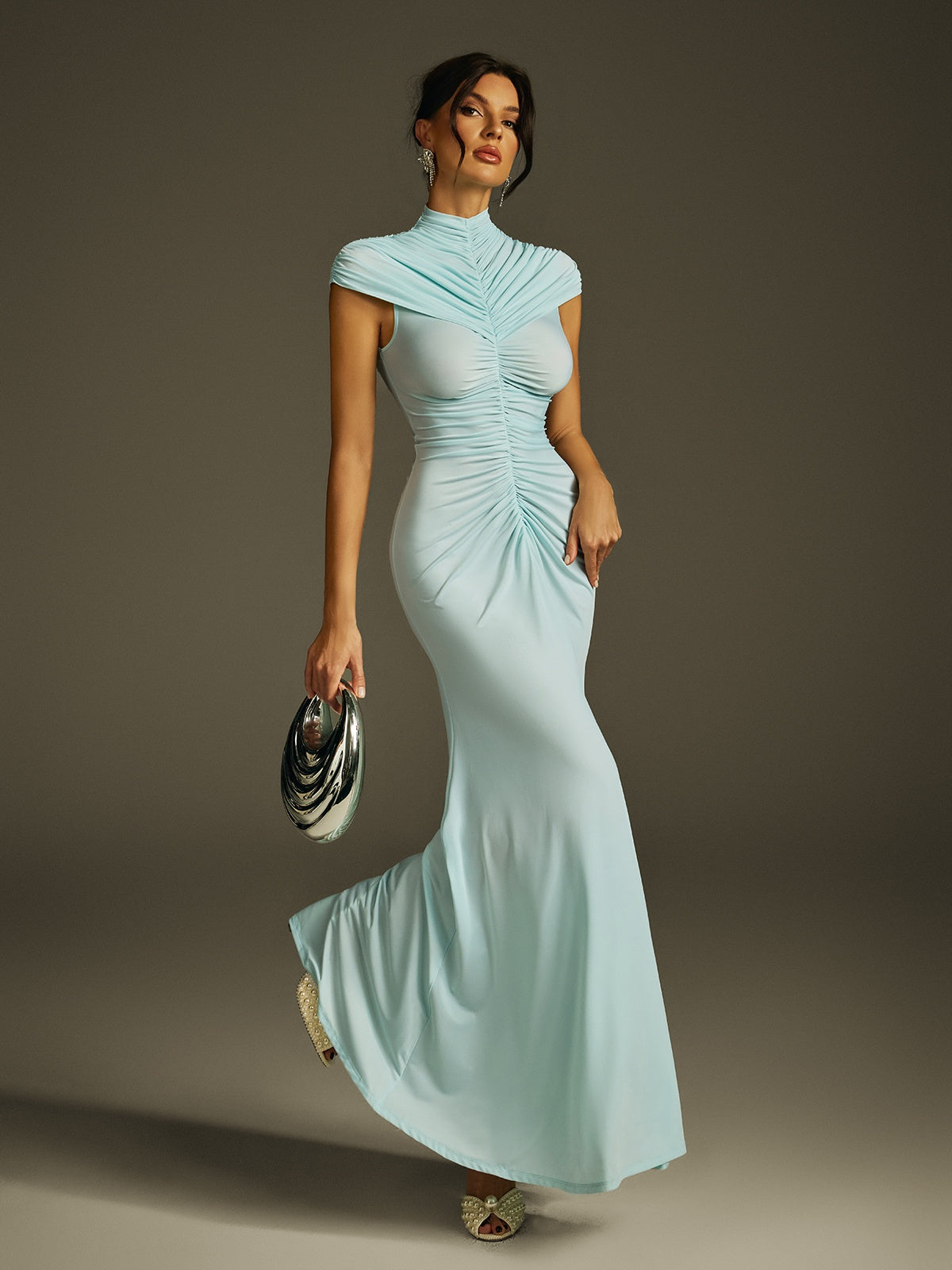 High Neck Ruched Maxi Dress