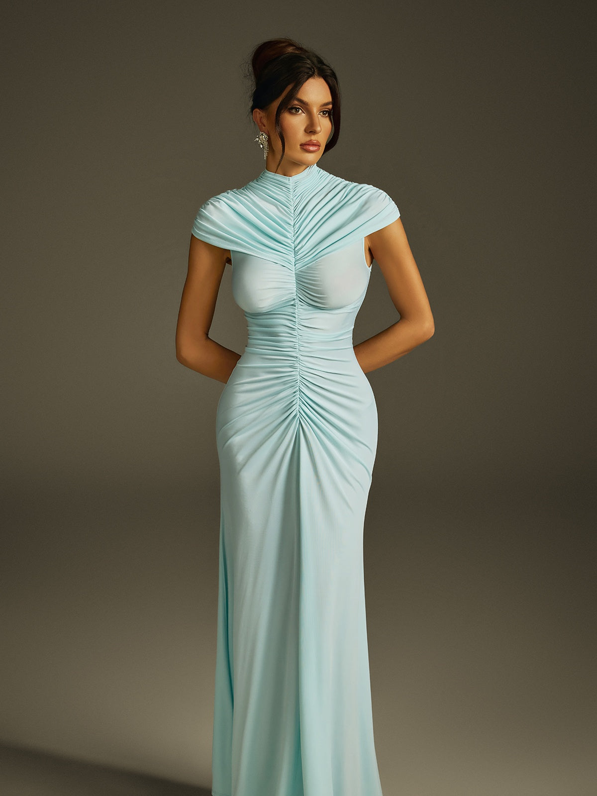 High Neck Ruched Maxi Dress