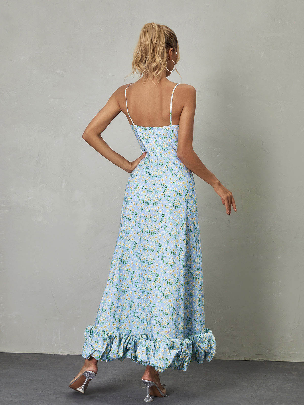 Spaghetti Strap Floral Print Ruffle Hem A-Line Maxi Dress 5