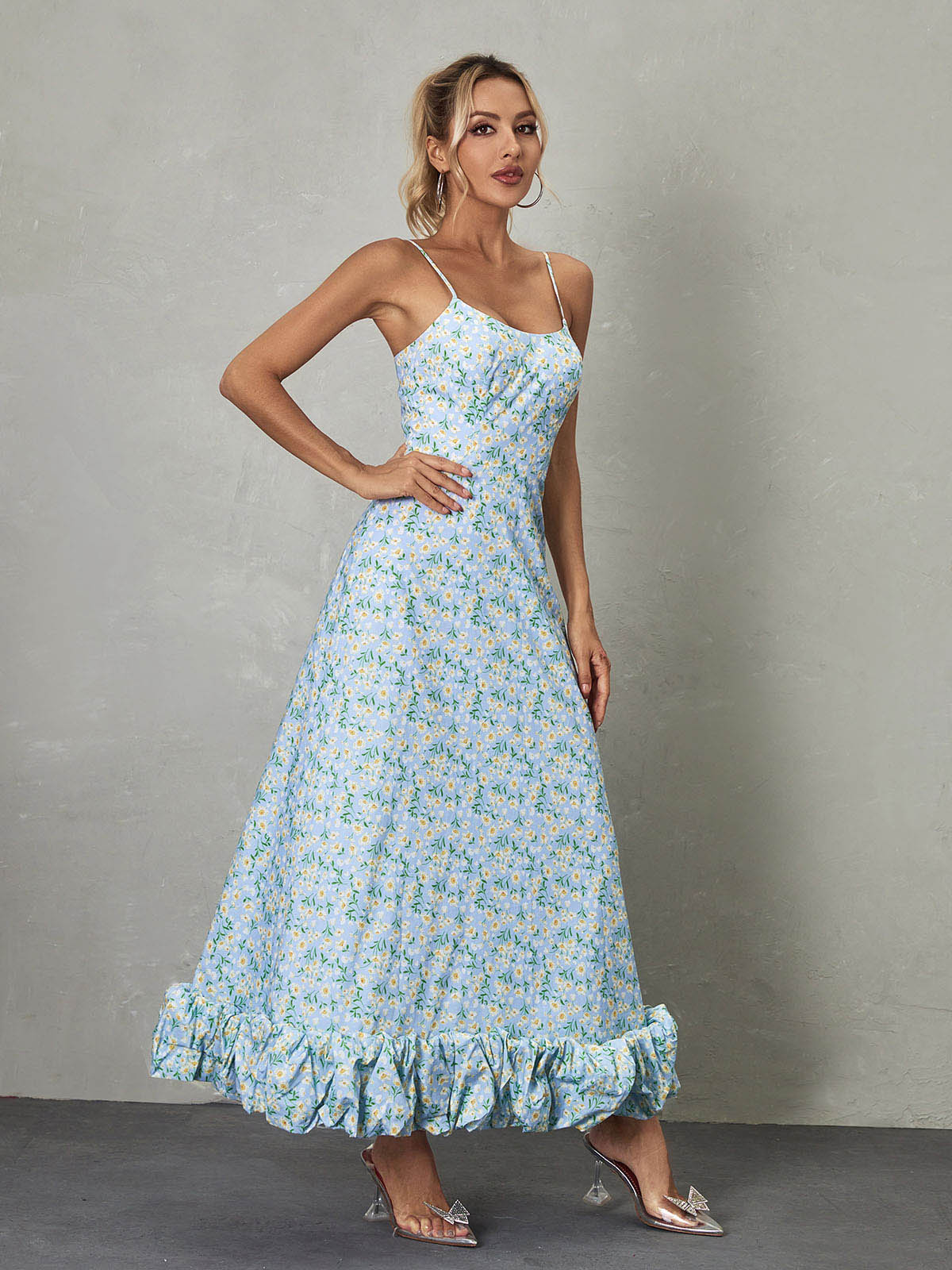 Spaghetti Strap Floral Print Ruffle Hem A-Line Maxi Dress 3