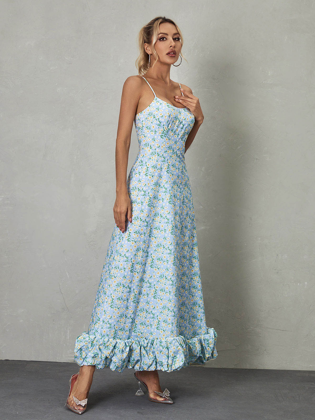 Spaghetti Strap Floral Print Ruffle Hem A-Line Maxi Dress 4