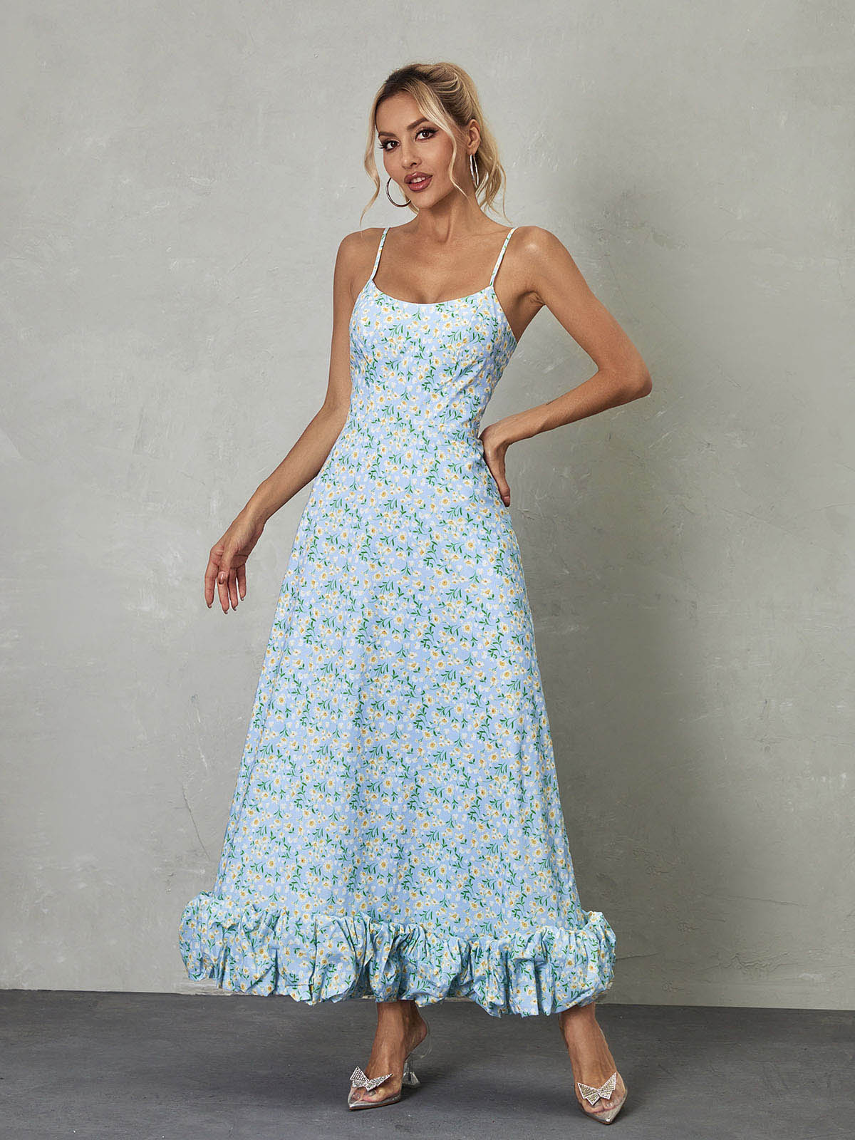 Spaghetti Strap Floral Print Ruffle Hem A-Line Maxi Dress 2