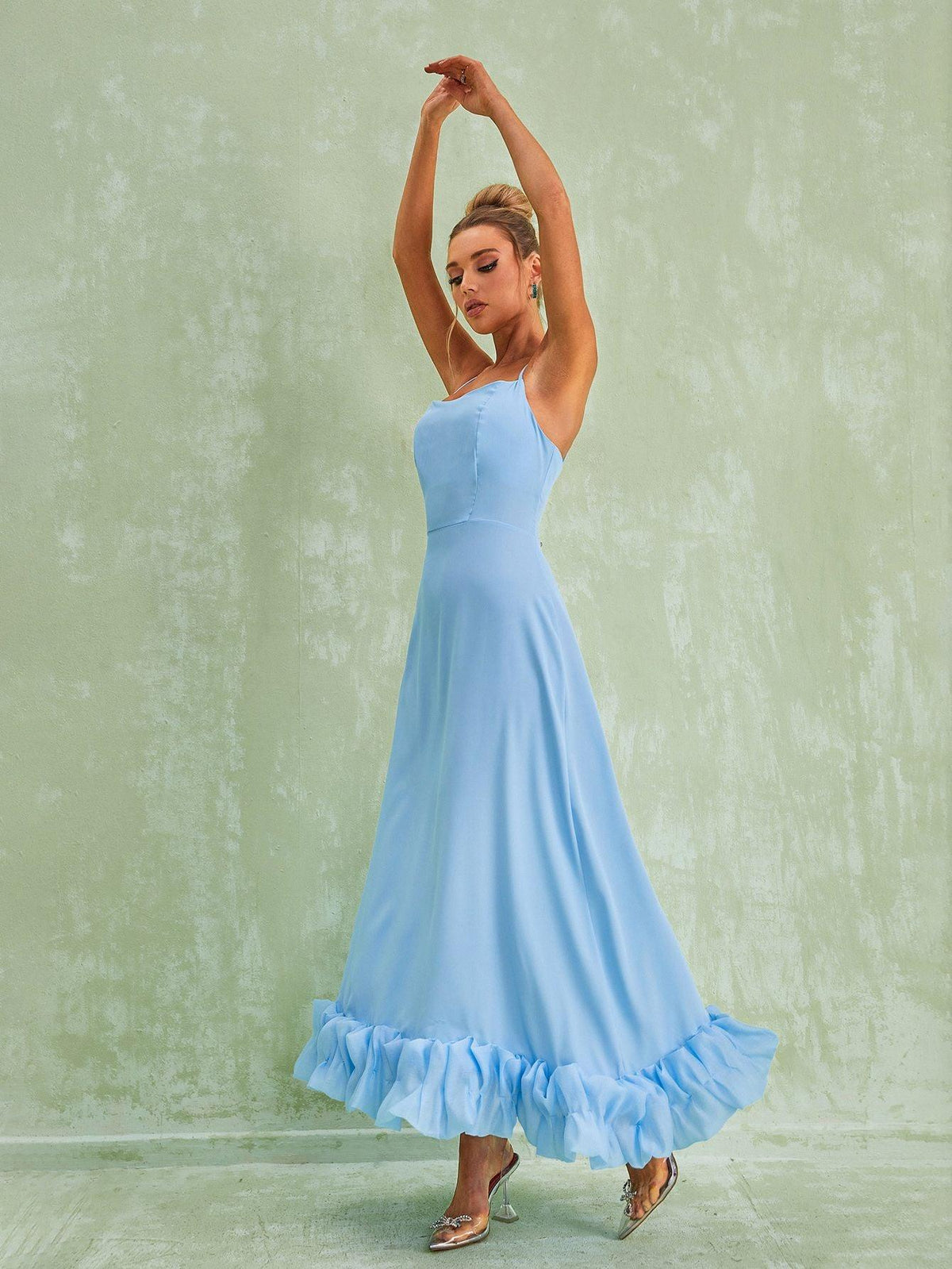 Spaghetti Strap Square Neck Ruffle Hem A-Line Maxi Dress