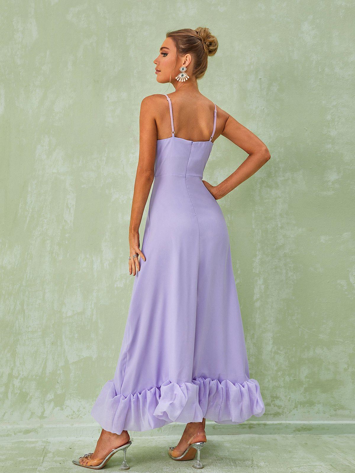 Spaghetti Strap Square Neck Ruffle Hem A-Line Maxi Dress