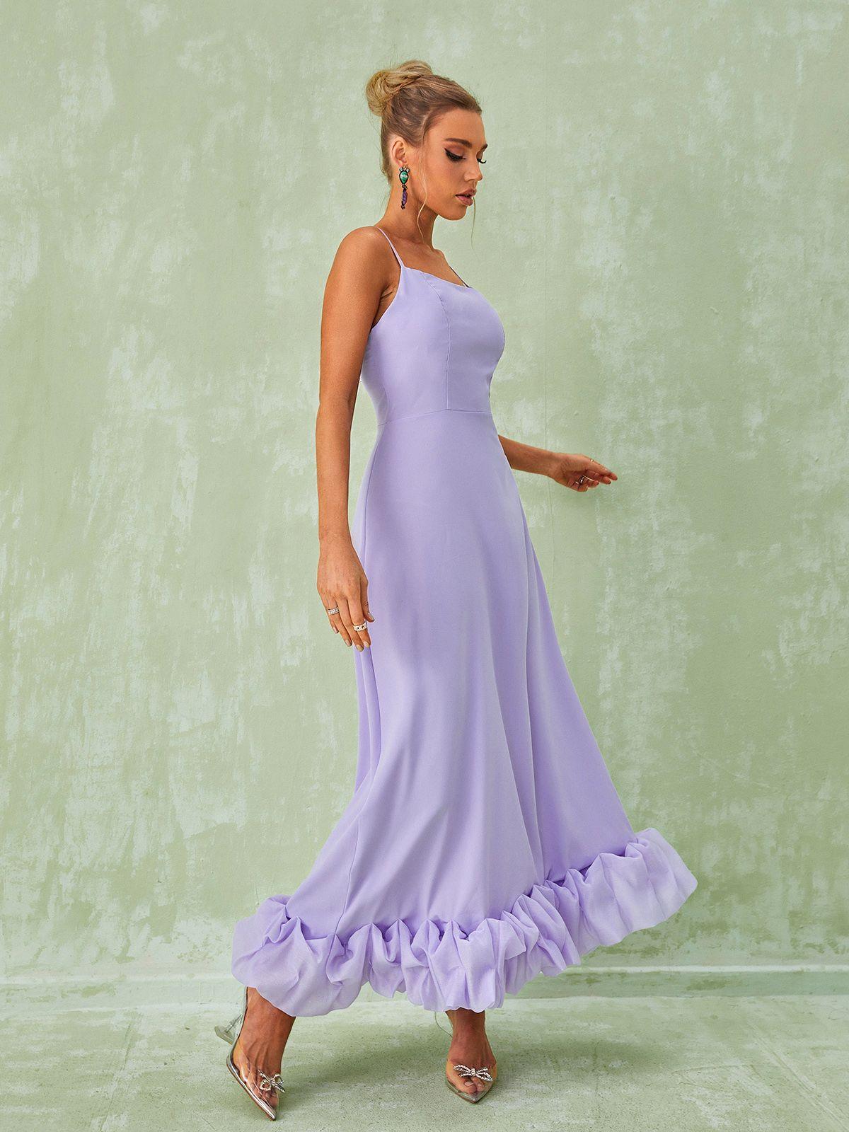 Spaghetti Strap Square Neck Ruffle Hem A-Line Maxi Dress