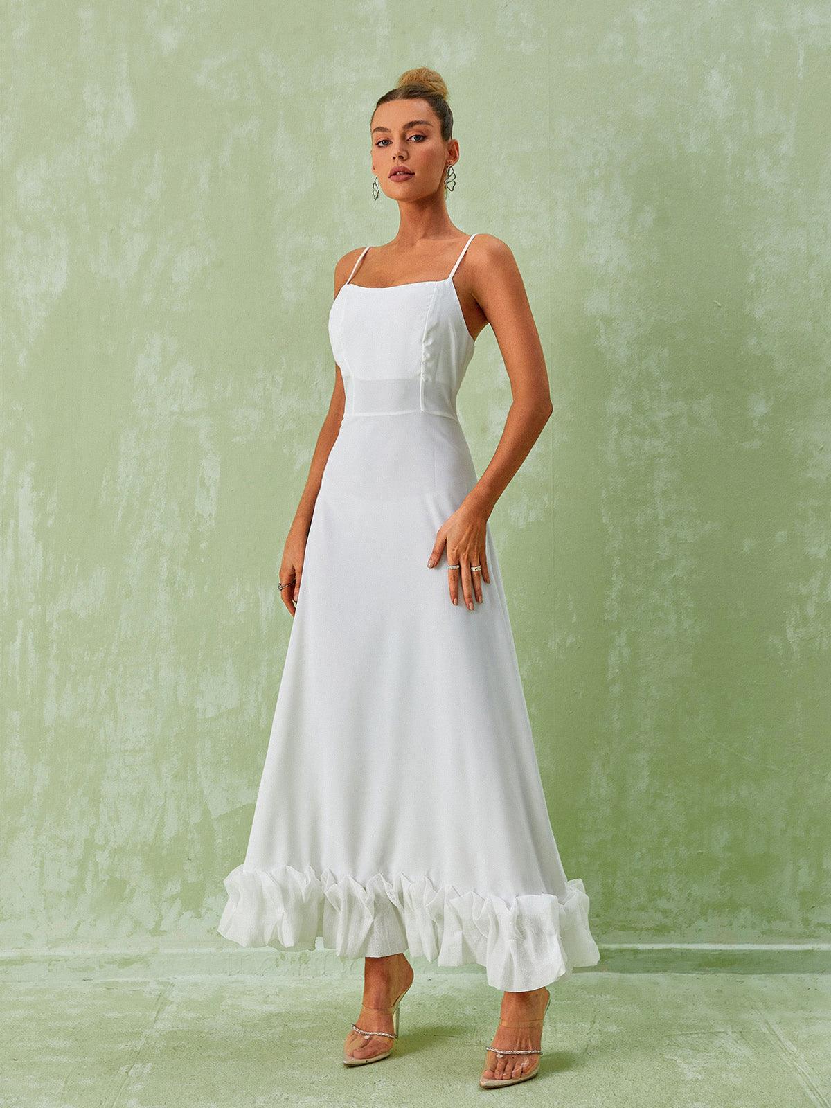 Spaghetti Strap Straight Neck Ruffle Hem A-Line Maxi Dress