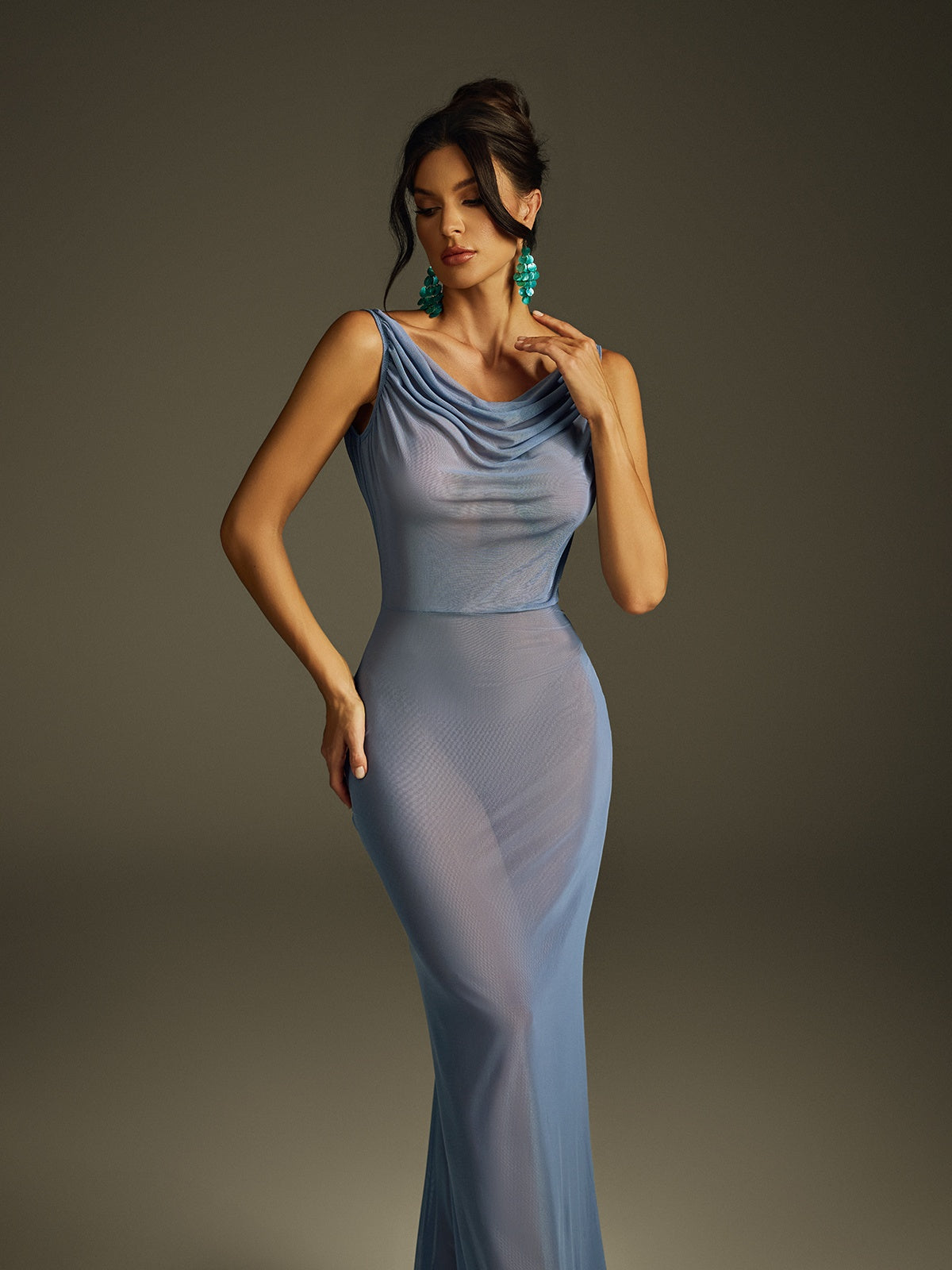 Sleeveless Draped Mesh Maxi Dress