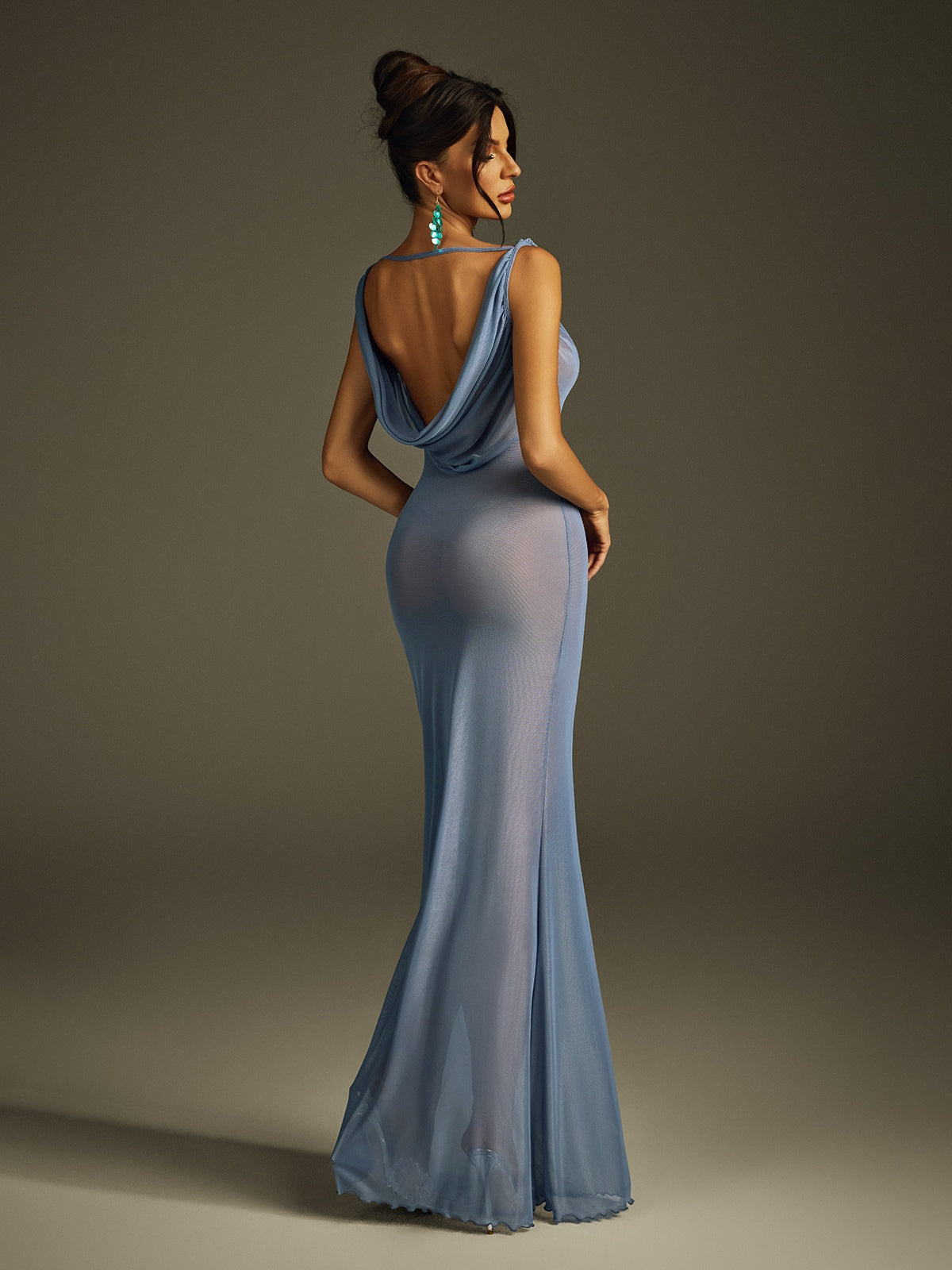 Sleeveless Draped Mesh Maxi Dress