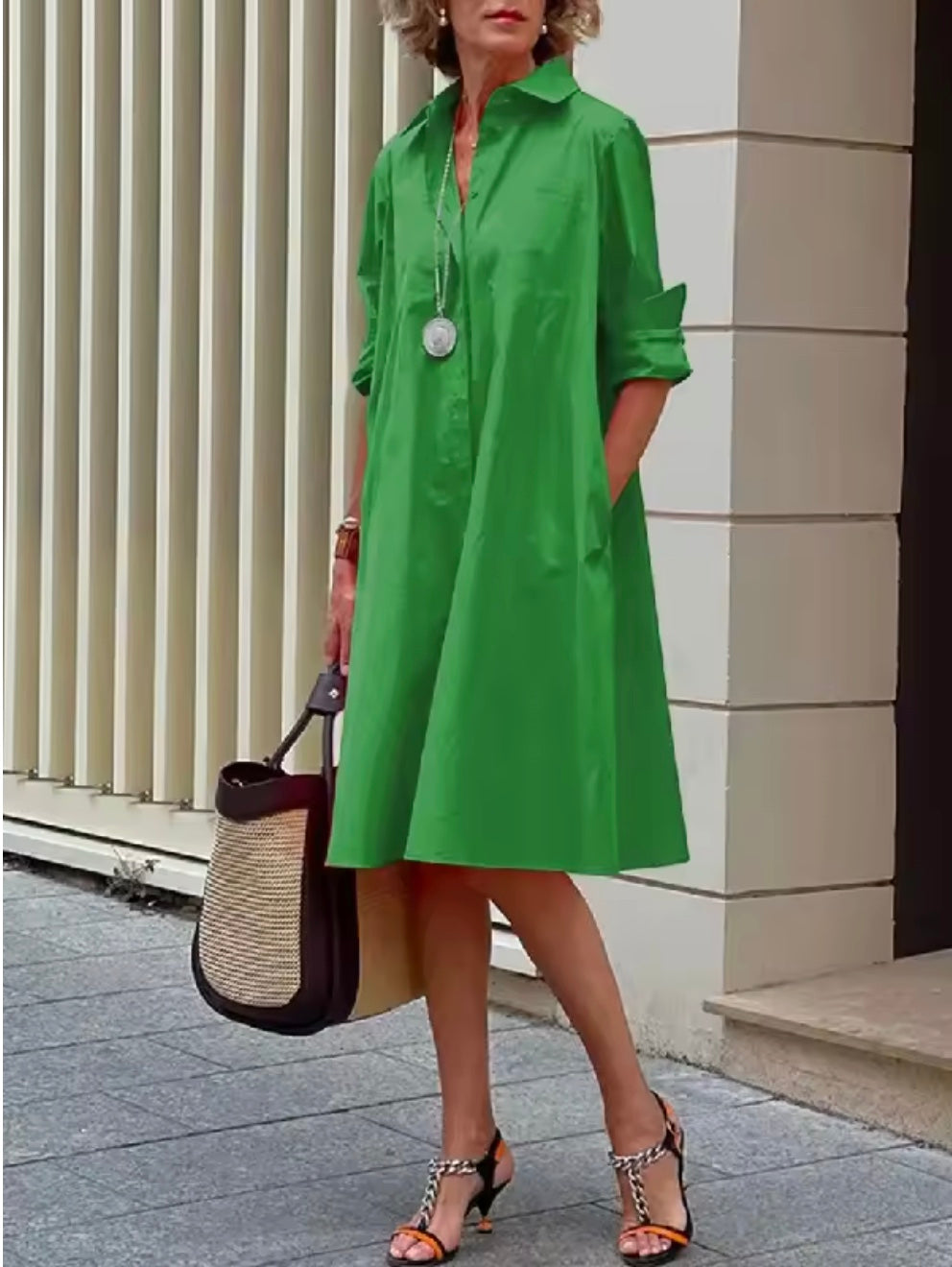 Collared Roll Tab Sleeve Button Placket A-Line Midi Shirt Dress