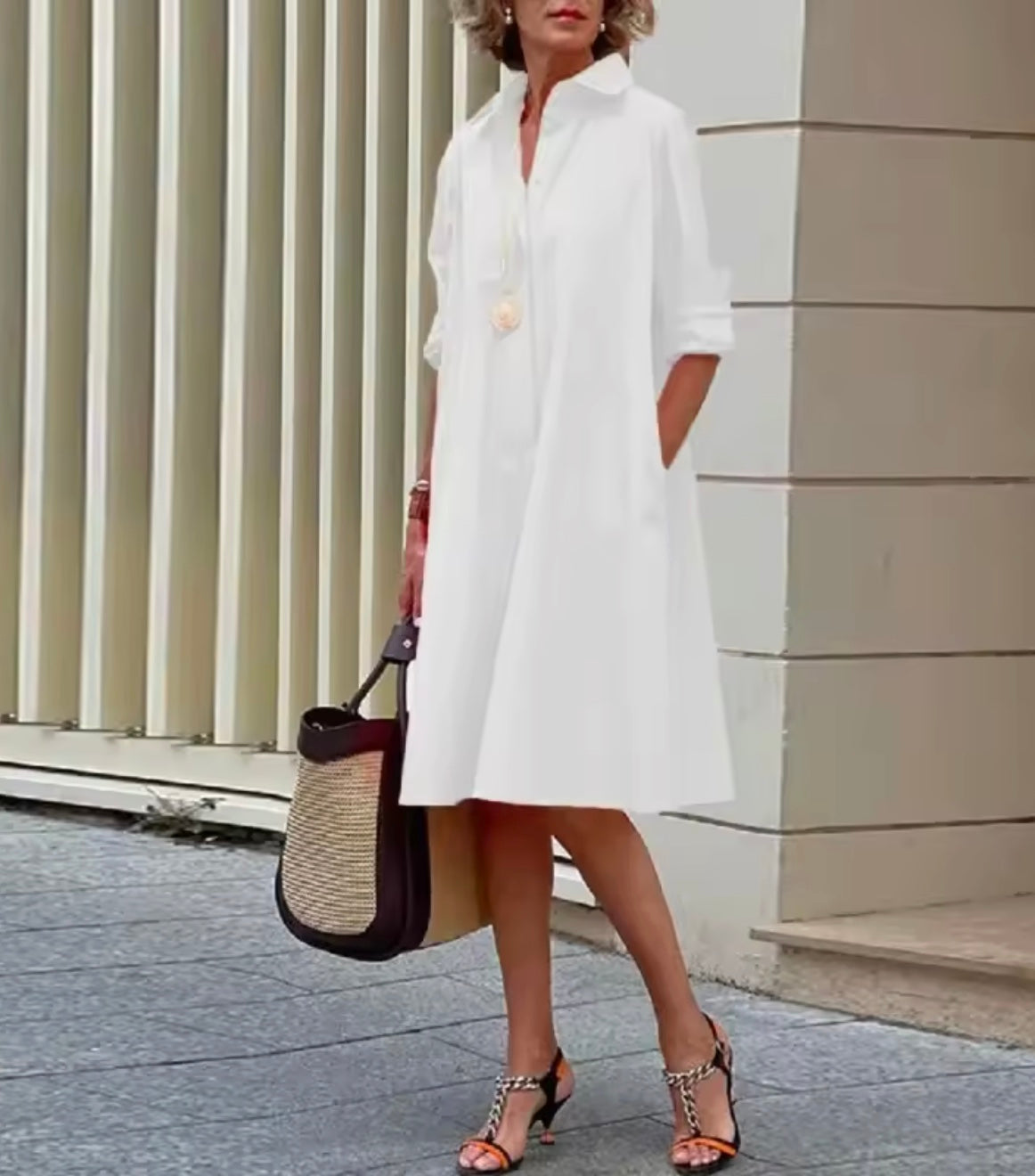 Collared Roll Tab Sleeve Button Placket A-Line Midi Shirt Dress