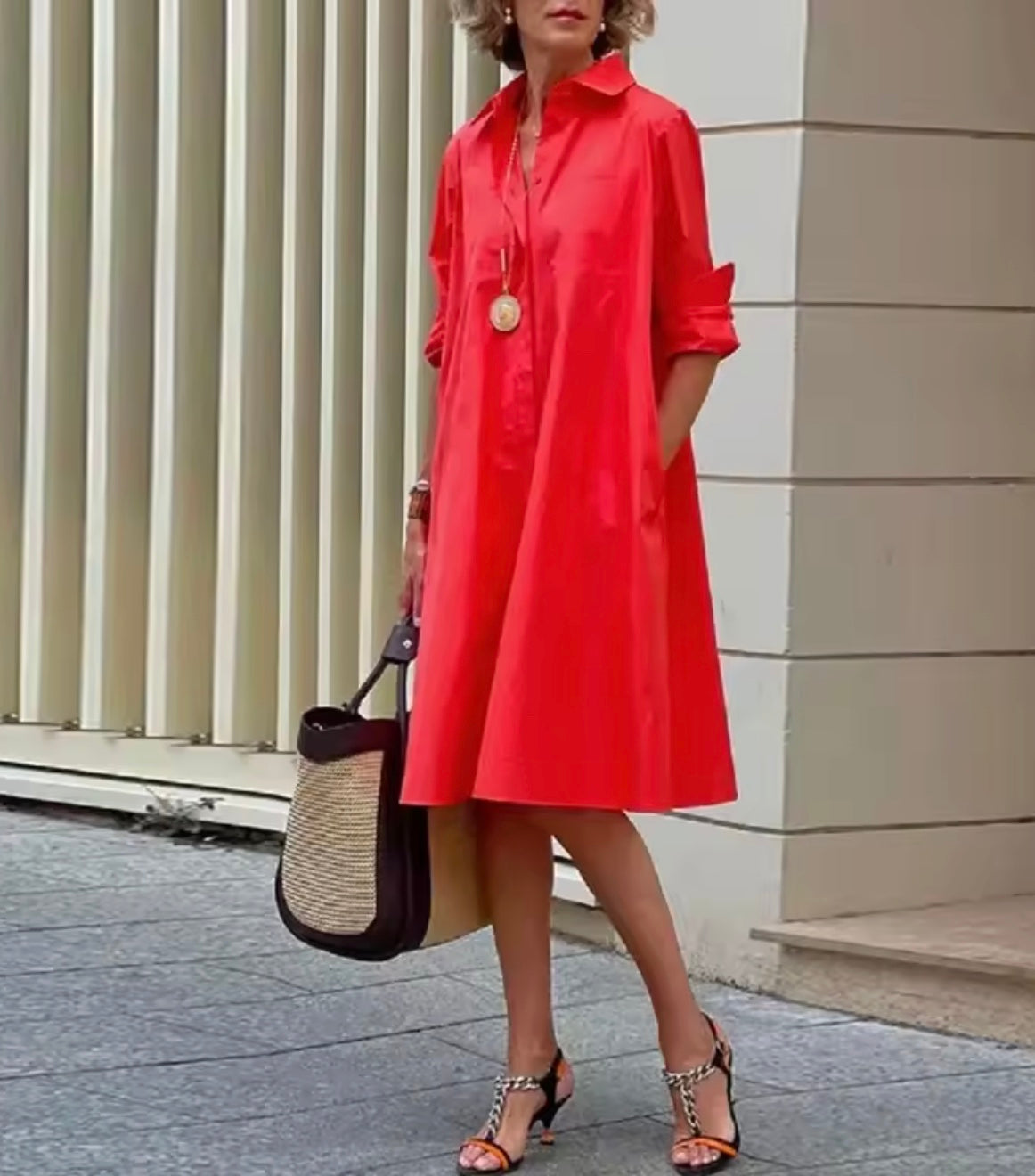 Collared Roll Tab Sleeve Button Placket A-Line Midi Shirt Dress
