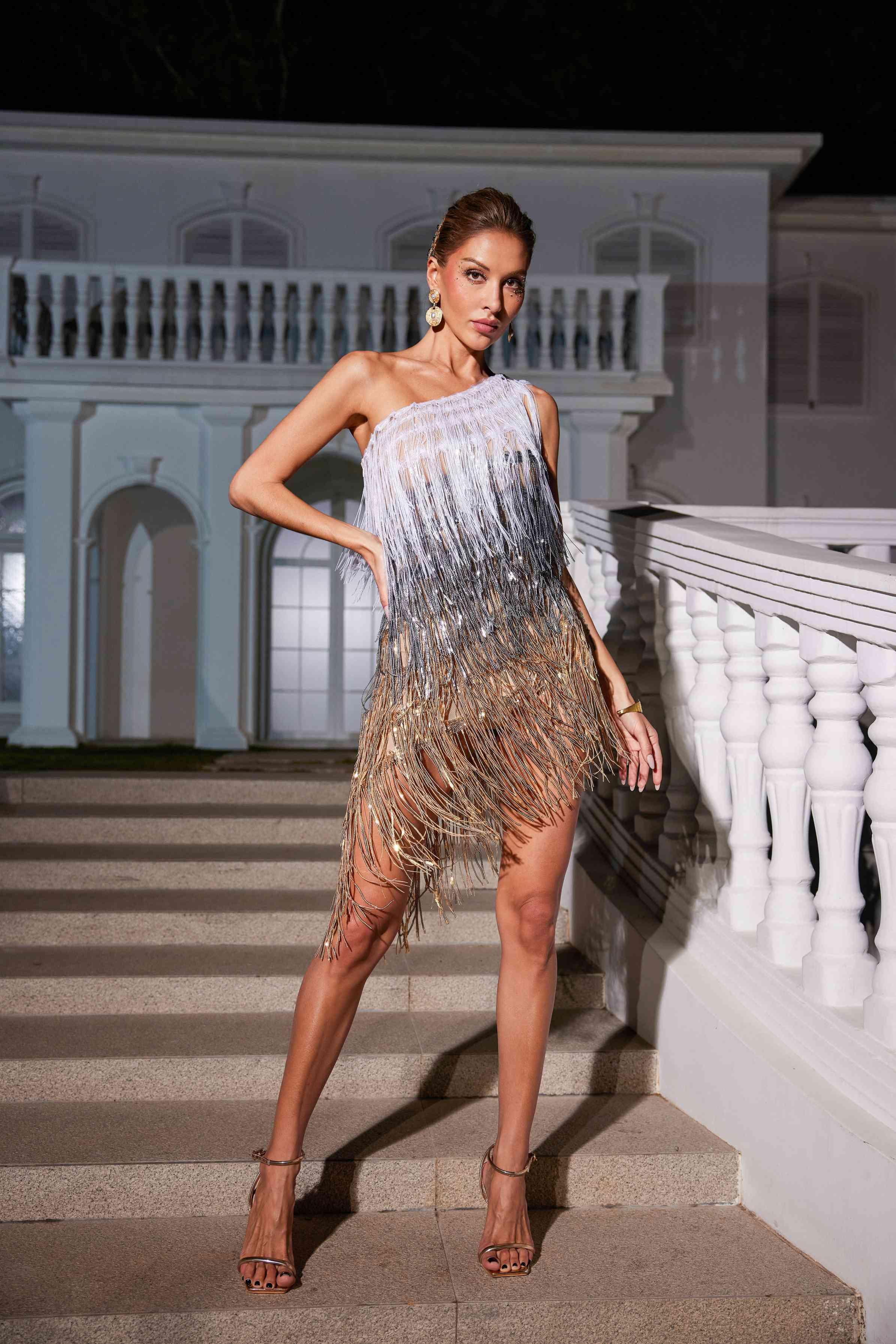 One Shoulder Fringe Sequin Dress