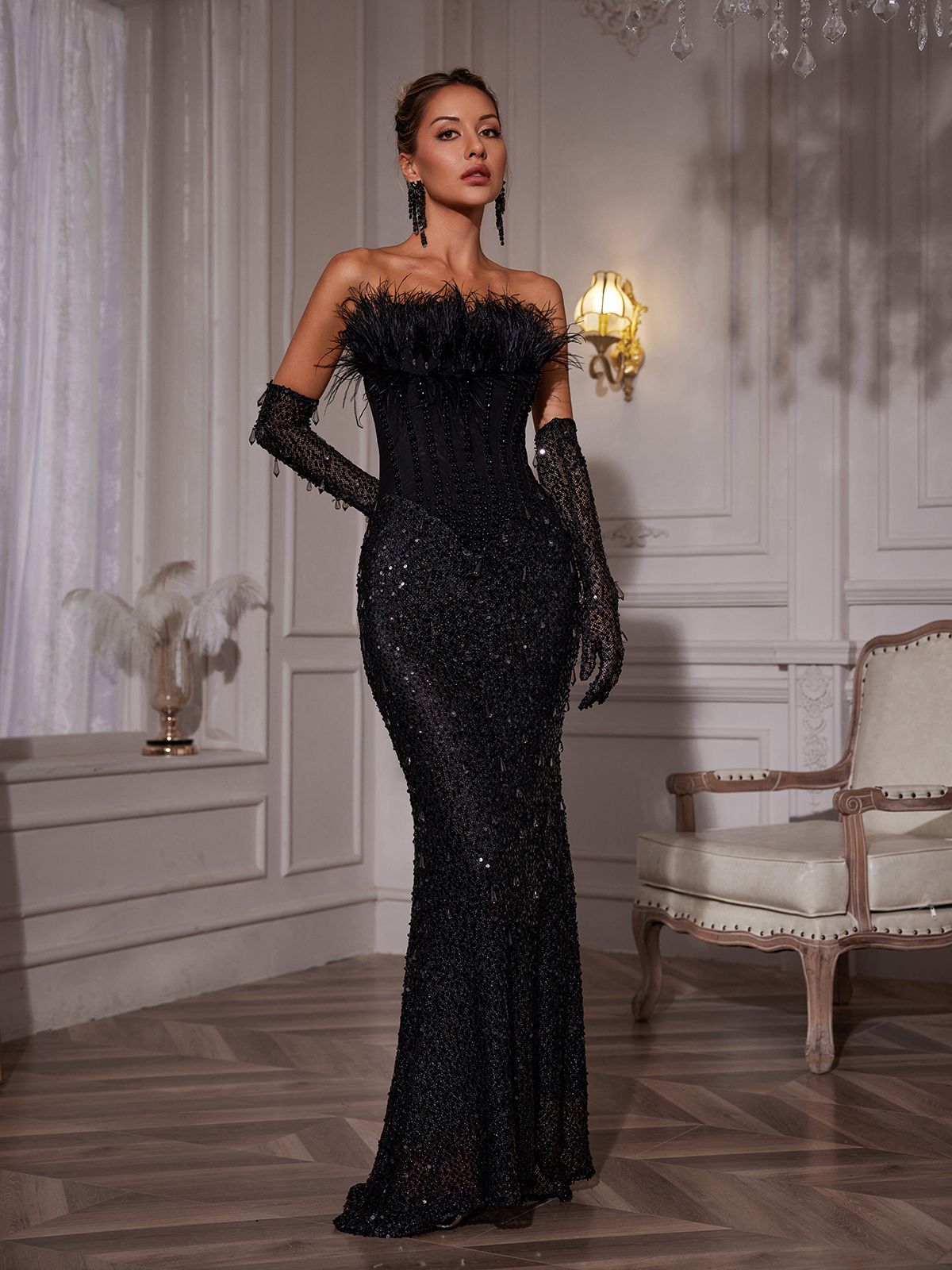 Corset Feather Sequin Maxi Dress With Gloves