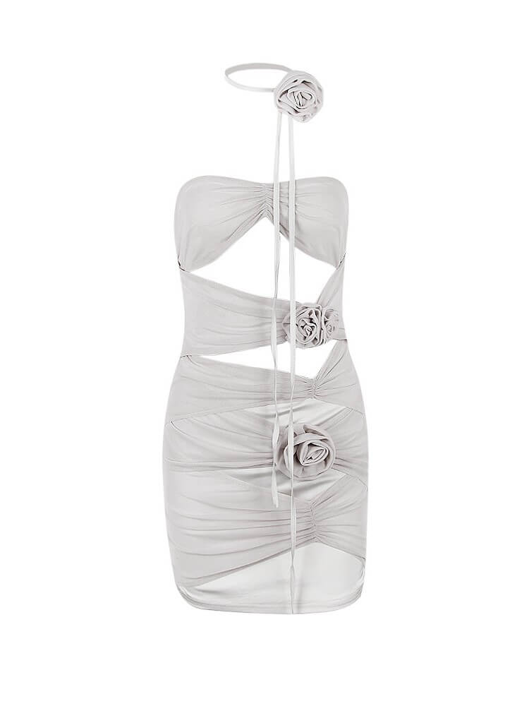 Strapless Ruched Cutout Rosette Bodycon Mini Dress